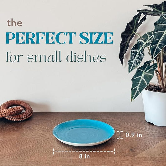 Mora Ceramic Helix Swirl Salad Plates Set of 6, 8in Spiral Porcelain Dish for Kitchen, Small Dinner, Lunch, Appetizer, Dessert, etc - Dishwasher, Microwave, Freezer, Oven Safe Dishware - Ocean Colors