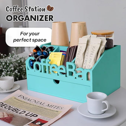 Coffee Bar Organizer for Countertop – Wooden Coffee Station with Black Drawer, Tea and K Cup Storage Rack, Coffee Pod Holder for Home and Office Counter Organization (Drawer - Turquoise)