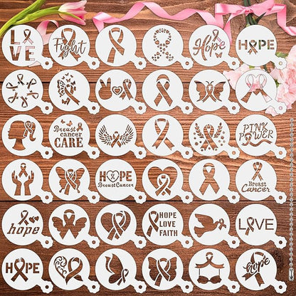 JULBEAR Breast Cancer Awareness Cookie Stencils, 36pcs Pink Ribbon Reusable Coffee Decoration Stencils Templates Tools for Cookies Baking Painting Dessert Decoration DIY Breast Cancer Awareness Party