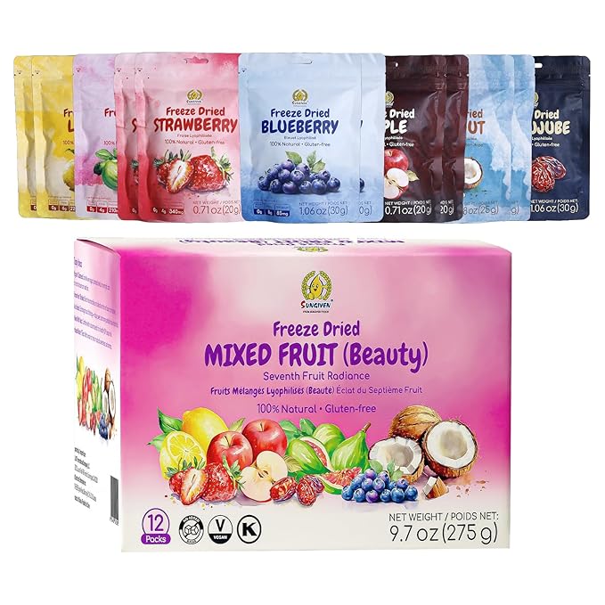 SUNGIVEN Mixed Freeze Dried Fruit for Beauty, Variety Pack of 12 Bag, 7 Kinds of Fruit, Health Snack, Rich in Vitamins, Apple Strawberry Blueberry Lemon Coconut Fig Red-Dates, No Sugar Added, 9.7 oz