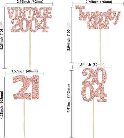 Gyufise 24Pcs 21st Birthday Cupcake Toppers Glitter Twenty-one Vintage 2004 21 Years Birthday Cupcake Picks Cheers to 21 Cake Decorations for Happy 21st Anniversary Party Supplies Rose Gold