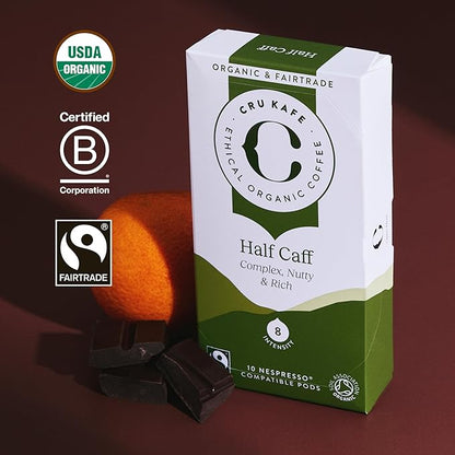 Cru Kafe USDA Organic Half Caff Espresso Coffee Capsules (50 Pods) Fairtrade Coffee Pods Compatible with Nespresso Original Line and Pixie Machines