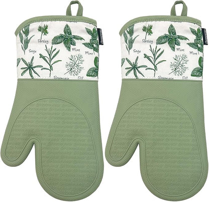Delaney Silicone Oven Mitts Set - Extra Long, Heat Resistant Kitchen Gloves, Non-Slip Holders for BBQ, Baking, Cooking Essentials, Sage & Herbs, Kitchen Decor, Oven Gloves, New Home Gifts