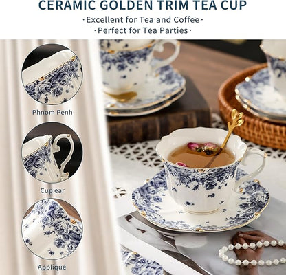 TATSUMI Country Roses Bone China Tea Cup and Saucer Set, 6 Pieces, Vintage Style, For Women and Tea Parties（sky blue，6 sets）
