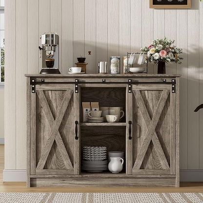 4 EVER WINNER Farmhouse Coffee Bar Cabinet with Sliding Barn Door, 42” Coffee Bar Table with Adjustable Shelves, Buffet Cabinet with Storage for Kitchen Living Dining Room, Wash Grey