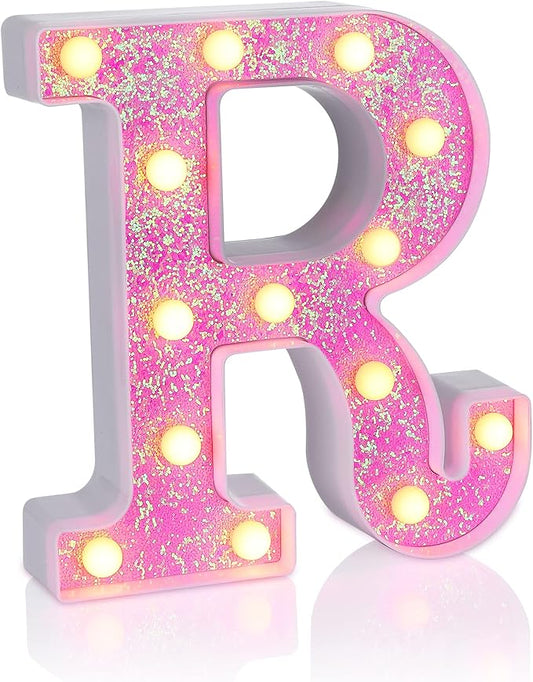Foaky Pink Light up Letters，Pink Party Decorations,Girls Room Decor,Glitter Light Up Letters,Alphabet Letter Sign for Night Light Birthday Party Girls Gifts, Home Bar Decoration（R）