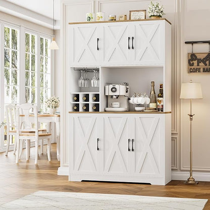 HOSTACK Kitchen Pantry Storage Cabinet, 71" Tall Food Pantry Cabinet with Microwave Stand, Farmhouse Kitchen Hutch, Coffee Bar Hutch with Wine Rack for Dining Room, Living Room, White