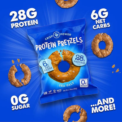 Crisp Power Protein Pretzels, Sea Salt, High Protein Vegan Keto Snack, 28 G Plant Based Protein, Low Carb Crunchy Pretzel Snacks, No Added Sugar, No Seed Oils, 1.75 oz Bags, 6 Pack