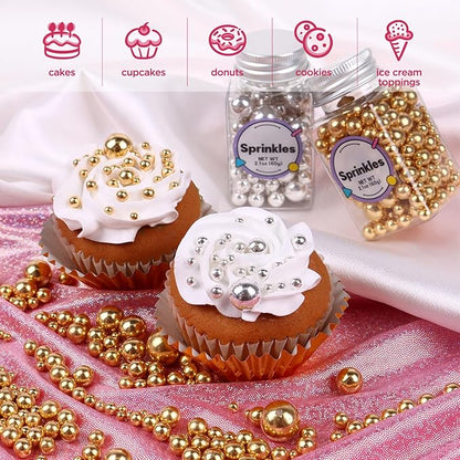 Pearl Sprinkles for Cake Decorating, Gold Pearl Sprinkles, Sliver Pearls Sprinkles, Sugar Pearls, Metallic Sprinkles Mix for Cake, Cupcakes, Macaron, Ice Cream, and Cookies. (120g/4.2oz)