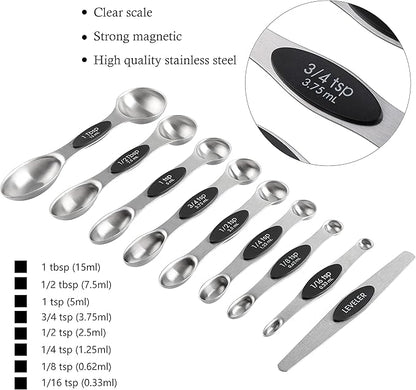 Measuring Cups and Spoons Set Stainless Steel Includes 8 Heavy Duty Measuring Cups 8 Double Sided Magnetic Measuring Spoons and 1 Leveler for Dry and Liquid Ingredients