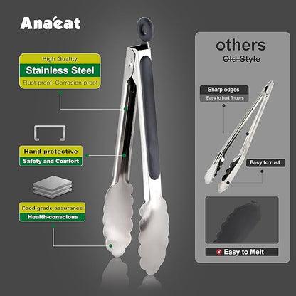 Anaeat Stainless Steel Locking Tong Set of 3 - Premium 7, 9 and 12 inch Kitchen Food Tongs with Non-Slip Silicone Tips and Grip for Serving, Cooking, Baking and BBQ - Heavy Duty & Heat Resistant