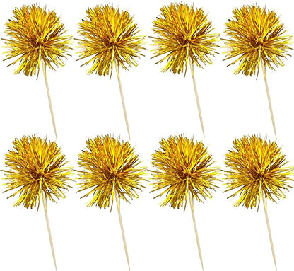 Ephlyn 30Pcs Foil Firework Cupcake Toppers Sparkles Fireworks Sticks Birthday Decorations Sparkle Tinsel Cocktail Fruit Toothpick for Birthday Wedding Graduation Party Cake Decorations Gold