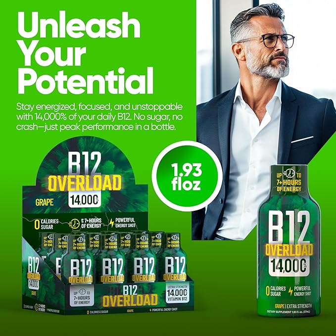 B12 Overload Extra Strength Energy Shot – Grape – 260mg Caffeine, 14000% B12, Electrolytes – Energy & Vitality Support – Zero Sugar No Calories – Vegan, Kosher, Gluten-Free – 1.93 fl oz, 12-Pack