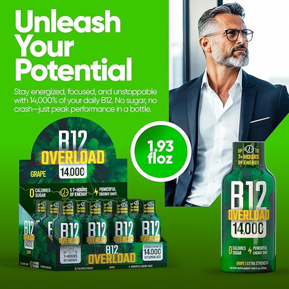 B12 Overload Extra Strength Energy Shot – Grape – 260mg Caffeine, 14000% B12, Electrolytes – Energy & Vitality Support – Zero Sugar No Calories – Vegan, Kosher, Gluten-Free – 1.93 fl oz, 12-Pack
