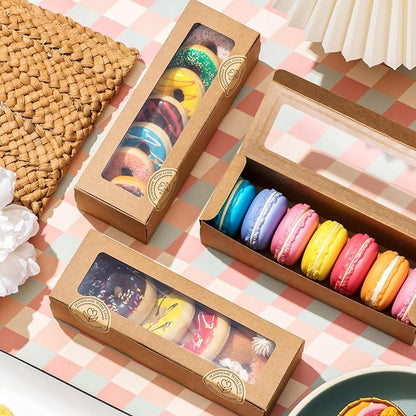 Sherr 50 Pcs Brown Macaron Boxes with Window, Cookies Boxes with 200 Pcs Stickers Long Bakery & Dessert Gifts Containers for Donuts, Pastry, Chocolate Covered Strawberry