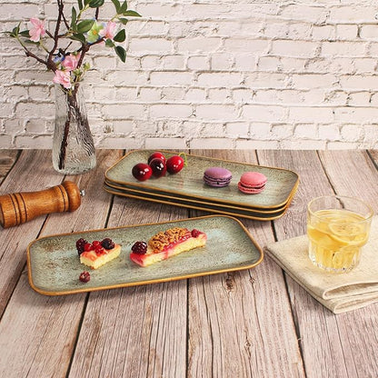 Ceramic Dinner Plates Dish Set, Set of 4, Microwave Oven and Dishwasher Safe,Scratch Resistant, Dinnerware Kitchen Porcelain Serving Dishes Brown glaze change, 12.4 Inch Rectangle plate