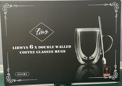 LIBWYS 6 Pack Double Walled Coffee Cups Glasses Mugs, 12oz Espresso Cappuccino Latte Tea Cups with Handle, Heat Resistant Borosilicate Clear Glasses 350ml