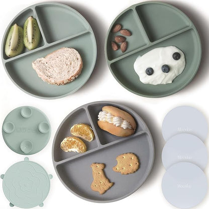 Moonkie Suction Plates for Baby | 100% Silicone BPA-Free Baby Plates with Lids and Food Cover | Divided Design | Microwave and Dishwasher Safe | Toddler Plates 3 Pack