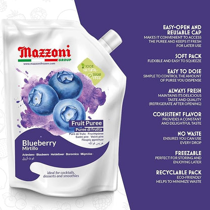 Mazzoni Blueberry Puree, 100% Pure Blueberries, Just Fruit, No Sugar Added, 2.2 lbs (35.2 oz) RMixer for Cocktails, Drinks, Smoothies. Convenient Pouch, Made in Italy