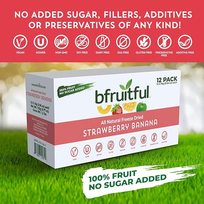 bfruitful Freeze-Dried Strawberry Banana, Freeze Dried Fresh Fruit Bites, Gluten Free, Vegan, Dairy Free, Kosher, No Sugar Added, Non GMO, Healthy Snacks for Kids or Adults, 0.56 oz Single-Serve Snack Packets, 12 Pack