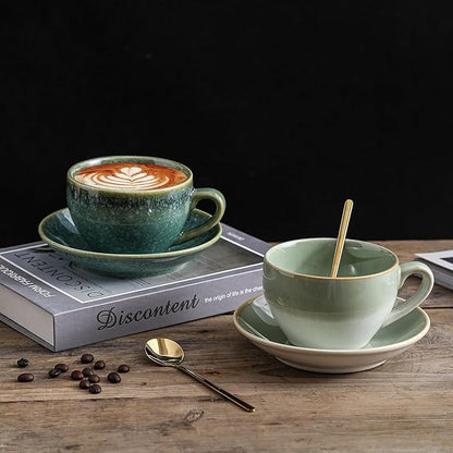 Porcelain Coffee Cup with Saucer Spoon, Vintage Design Ceramic Latte Art Cappuccino Barista Espresso Tea Cup with Saucer (11.6 oz, 350ml, White Both Green)