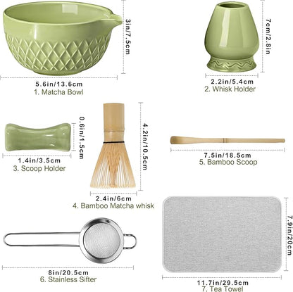 Matcha Whisk Set, 7 Pcs Matcha Kit, Ceramic Matcha Set Includes Matcha Bowl with Spout, Matcha Whisk and Holder, Bamboo Scoop, Scoop Rest, Sifter and Tea Towel (Matcha Green)
