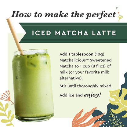 Matchalicious Japanese Matcha Powder, Sweetened Green Tea Powder Vegan, Gluten Free, Low Sugar, For Baking, Lattes, Smoothies, and Matcha Tea, Just Add Water, Dissolves Easily, 17 Servings, 6 oz