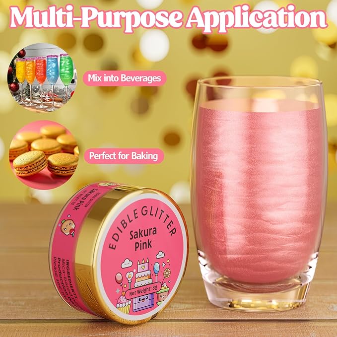 Nomeca Edible Glitter for Drinks Cakes, 8 grams Food Grade Luster Dust Sprinkles Glitter for Cake Decorations, DIY Cocktails, Beverages & Cake Decorating, Dessert Cake Topper (5-Sakura Pink)
