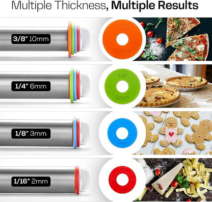 17" Stainless Steel Rolling Pin with 4 Adjustable Thickness Rings and Baking Mat for Dough, Pizza, Pies, Pastries, Pasta, Cookies (Black Mat)