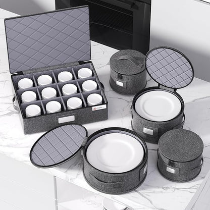 YearningHome China Storage Containers,Hard Shell Box with Felt Dividers for Dishes,Dinnerware,Plates,Mugs,Wine and Glasses,Mugs,Stackable Fine China Storage for Moving and Packing 5 Piece,Grey