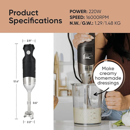 Handheld Immersion Blender 220W - 7” Stainless Steel with 8 Speeds - 110V + 1-Yr Coverage and 24/7 Pro Chef Support