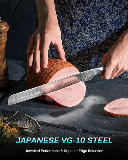 KYOKU Gin Series 12" Brisket Slicing Knife, Meat Carving Knife with Silver PVD Coating Mosaic Pin Handle for Professional Chef & Home Cook, Japanese VG10 Steel Slicer for Meat Fruit Vegetables