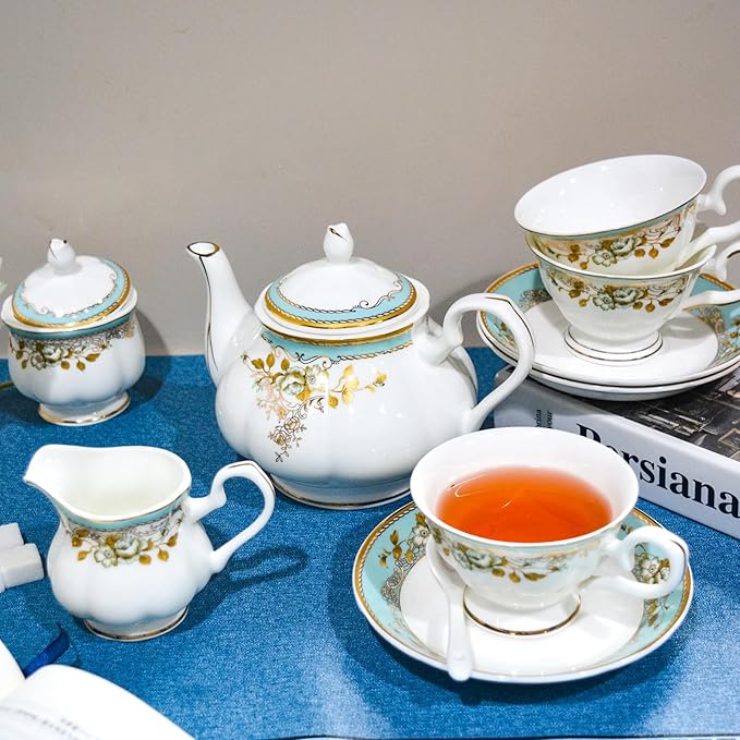 Bone China Tea Set, 21-Pieces Porcelain Tea Set for Adults, Tea Cups And Saucers for 6, with Teapot, Spoons, Sugar Bowl, Creamer Pitcher, Vintage Tea Set for Women Tea Party (Green)