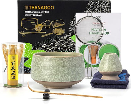 TEANAGOO Matcha Whisk Set Green, 7 Pcs Matcha Set, Matcha Kit for Ceremony, Matcha Tea Set for Making Breakfast/Latte,Whisk Set and Ceramic Bowl with All Accessories, Gift for Family/Friend