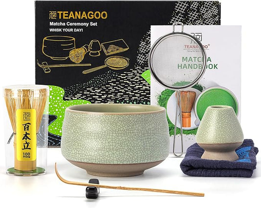 TEANAGOO Matcha Whisk Set Green, 7 Pcs Matcha Set, Matcha Kit for Ceremony, Matcha Tea Set for Making Breakfast/Latte,Whisk Set and Ceramic Bowl with All Accessories, Gift for Family/Friend