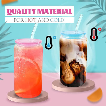 Joyclub 2pcs Glass Cups with Acrylic Lids and Straws 16 oz Can Shaped Glass Iced Coffee Cups with Lids and Straws, Cute Tumbler Cup Drinking Glasses for Smoothie Whiskey Boba Soda Tea Gift
