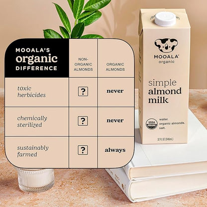 Mooala Organic Simple Almond Milk, 32oz - 3 Ingredient, Shelf Stable, No Gums, No Oils, No Fillers, Unsweetened, Non-GMO, No Additives, Dairy Free Plant Based Milk, 6 pack