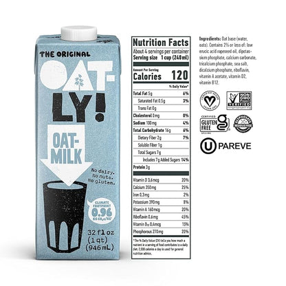 Oatly Original Oatmilk - Shelf-Stable, Creamy, Dairy-Free, Plant-Based Milk for Cereal, Smoothies, Baking & More (32 oz, 12-pack)