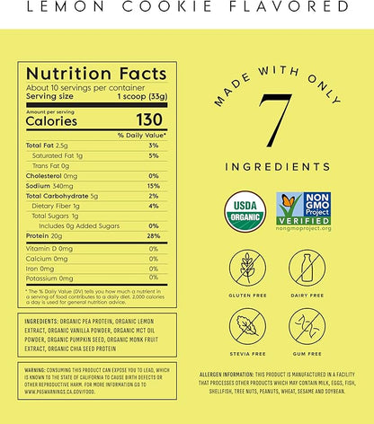 Truvani Vegan Pea Protein Powder | Lemon Cookie | 20g Organic Plant Based Protein | 10 Servings | Keto | Gluten & Dairy Free | Low Carb | No Added Sugar