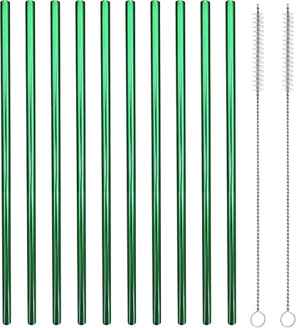 10 Pcs Stainless Steel Straws, Reusable Drinking Straws, Straight Metal Straw Sets with 2 Pcs Cleaning Brushes (10.5 Inch, Green)