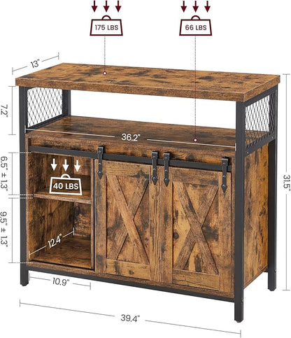VASAGLE Buffet Cabinet, Coffee Bar Storage Cabinet, Sideboard with 2 Sliding Barn Doors, Adjustable Shelves, 13 x 39.4 x 31.5 Inches, for Living Room, Rustic Brown and Ink Black ULSC092B01