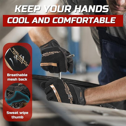 HANDLANDY Mens Work Gloves Touch screen, Utility Mechanic Gloves, Flexible Breathable Fit- Padded Knuckles & Palm