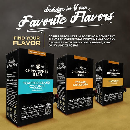 Christopher Bean Coffee - 396 servings, 30 to 1 Blend Bag in Box Liquid Instant Coffee or Cold Brew Coffee Concentrate - Hot or Iced Coffee - Toasted Island Coconut