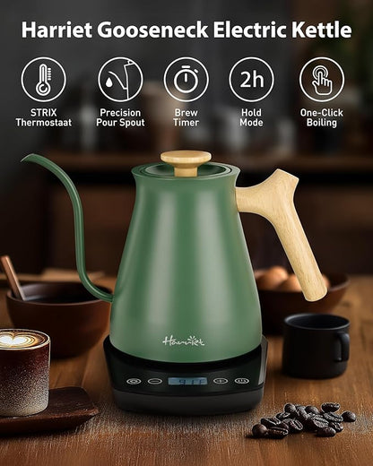 Harriet Gooseneck Electric Kettle - 1200W Fast Heat, 0.8L Stainless Steel, Precision Temp Control & Timer, Wood Handle, Pour Over Coffee and Tea, Green