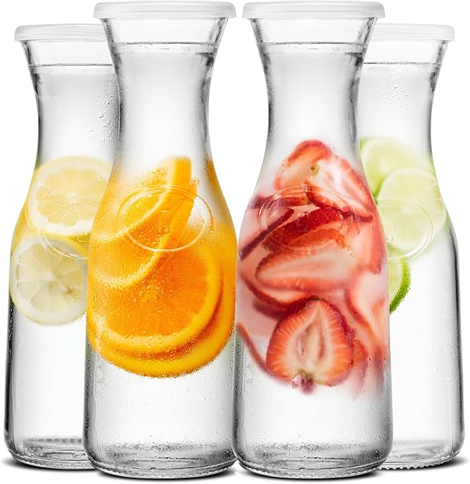 Kook Glass Carafe, Mimosa Bar Supplies, Carafe Pitchers with Lid, Glass Water Pitcher, Drink Dispensers for Parties, Tea, Wine, and Juice, Plastic Lids, Dishwasher Safe, 35 oz (set of 4)