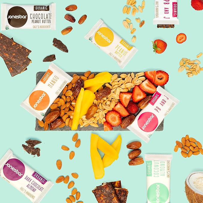 JONESBAR Organic Plant Based Protein Bars | 6 Flavor Variety Pack | Fruit & Nut Bar, Kosher, Gluten Free, Breakfast Bars, School Snacks, Vegan Snack & Healthy Snacks for Adults and Kids (Pack of 12)