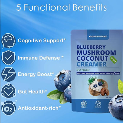 Mushroom Coffee Creamer, Blueberry Flavored, Probiotics, MCT Powder and 6 Mushrooms | Lion's Mane, Turkey Tail, Reishi, Maitake, Chaga, Cordyceps | Boosts Energy, Focus, Supports Immunity | Gluten-Free, Vegan, 6.35 Oz
