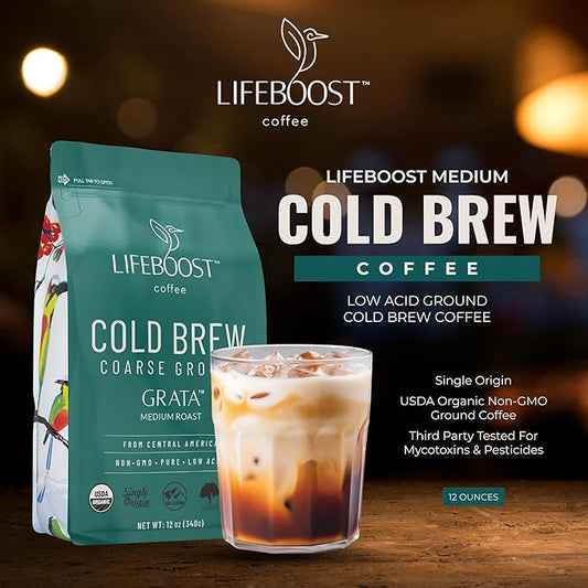 Lifeboost Low Acid Cold Brew Coffee – Organic Coarse Ground Medium Roast for Cold Brew – Single Origin, Non-GMO, 3rd Party Tested for Mycotoxins & Pesticides, USDA Organic – Smooth & Bold Flavor – 12 oz Bag