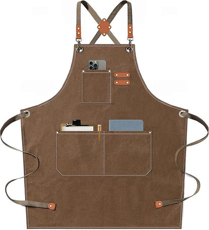 AFUN Chef Aprons for Men Women with Large Pockets, Cotton Canvas Cross Back Heavy Duty Adjustable Work Apron, Size M to XXL (Brown)