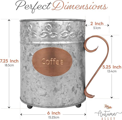 Autumn Alley Farmhouse Coffee Pod Holder Organizer – Galvanized Dual Toned Rustic Farmhouse Décor Basket for Counter – Vintage Copper Label & Handle – Industrial Chic Country Décor Accessories